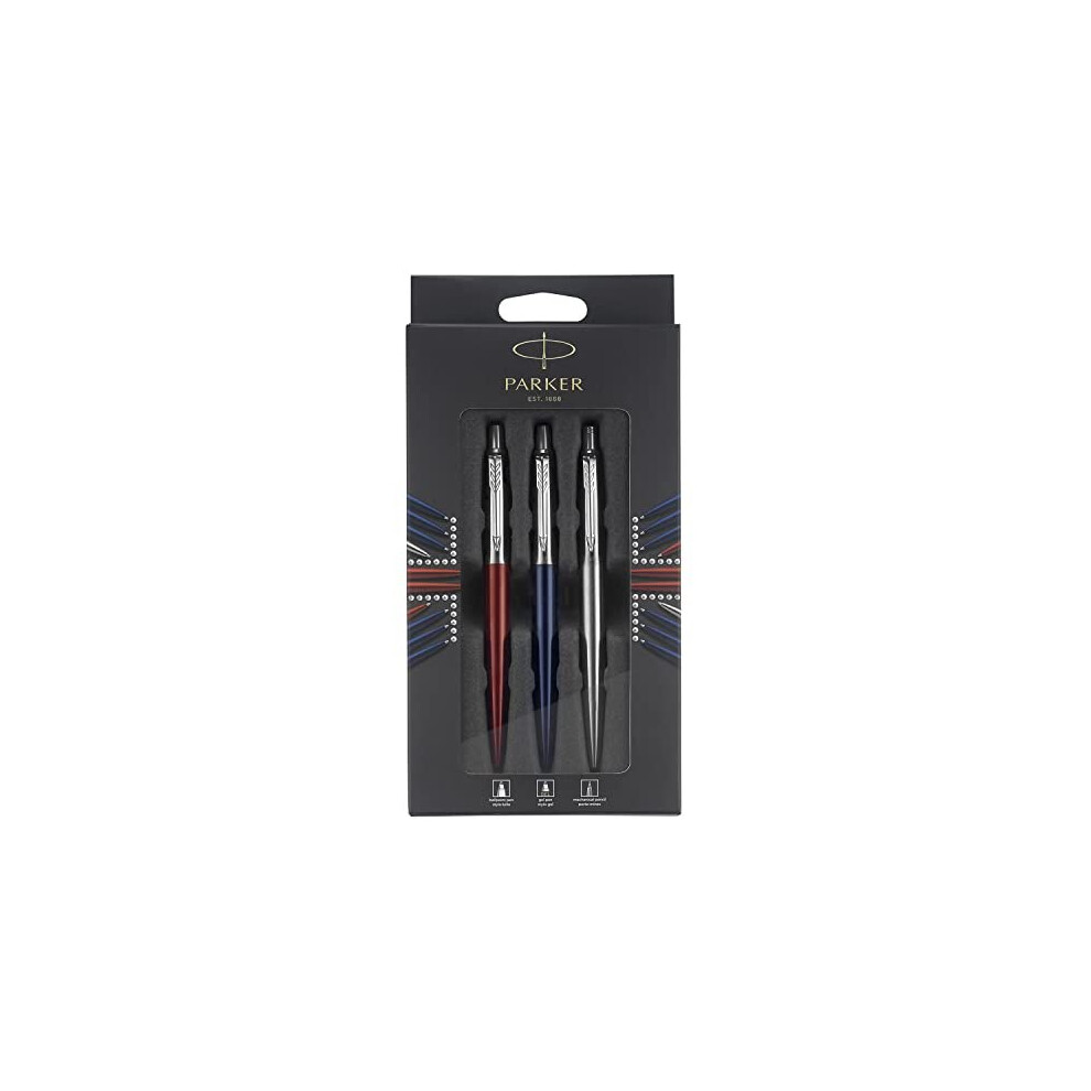 Jotter London Trio Discovery Pack Ballpoint Pen Royal Blue Gel Pen Red Kensington Mechanical Pencil Stainless Steel