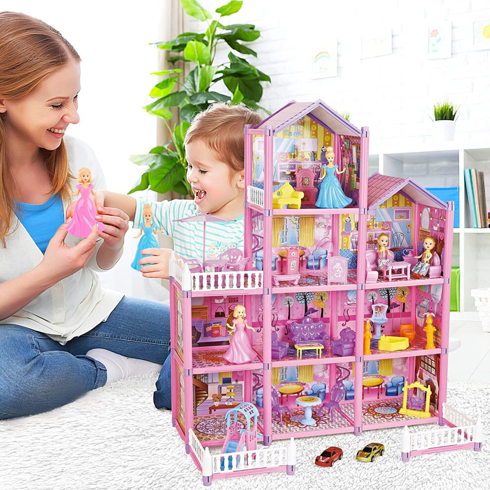 Princess My first Dolls House Kids Pink Grand Four Story Castle Dolls House Playset With Furniture Outdoor Space Open Sided For Girls