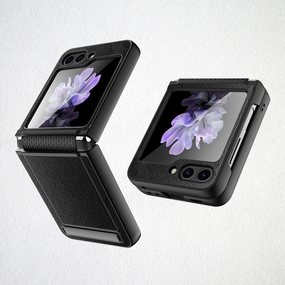 (black) for Samsung Galaxy Z Flip 5 Case with Invisible Stand, Luxury Lychee Pattern PU Leather Protection Case For Samsung Galaxy Z Flip 5