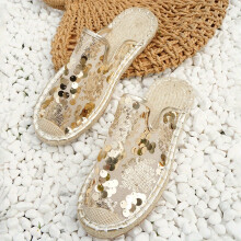 Womens Sequins Mesh Panel Sandals Slip On Round Toe Soft Linen Sole Espadrilles Shoes Glitter Summer Comfy Shoes