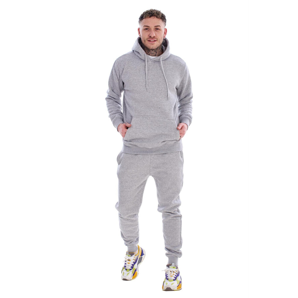 (Grey, XXL) Malay Mens Hooded Plain Tracksuit Fleece Ribbed Cuff Sweatshirts Cotton Blend Joggers