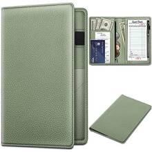 Server Book Organizer with Zipper Pocket, PU Leather Restaurant Guest Check Presenters Card Holder for Waitress, Waiter, Bartender (Sage Green)