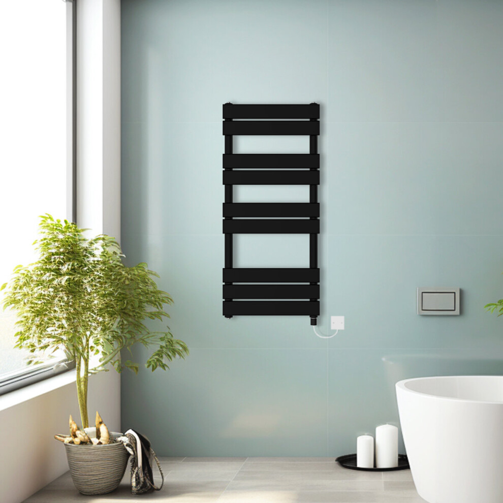 (Black, 1000x450mm) Prefilled Electric Heated Towel Rail Radiator Flat Panel Warmer Ladder