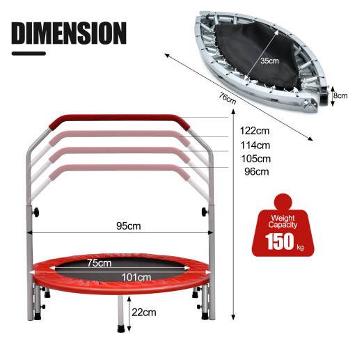 Costway Foldable Jumping Fitness Trampoline Exercise Rebounder 4-Level Adjustable Handle 2