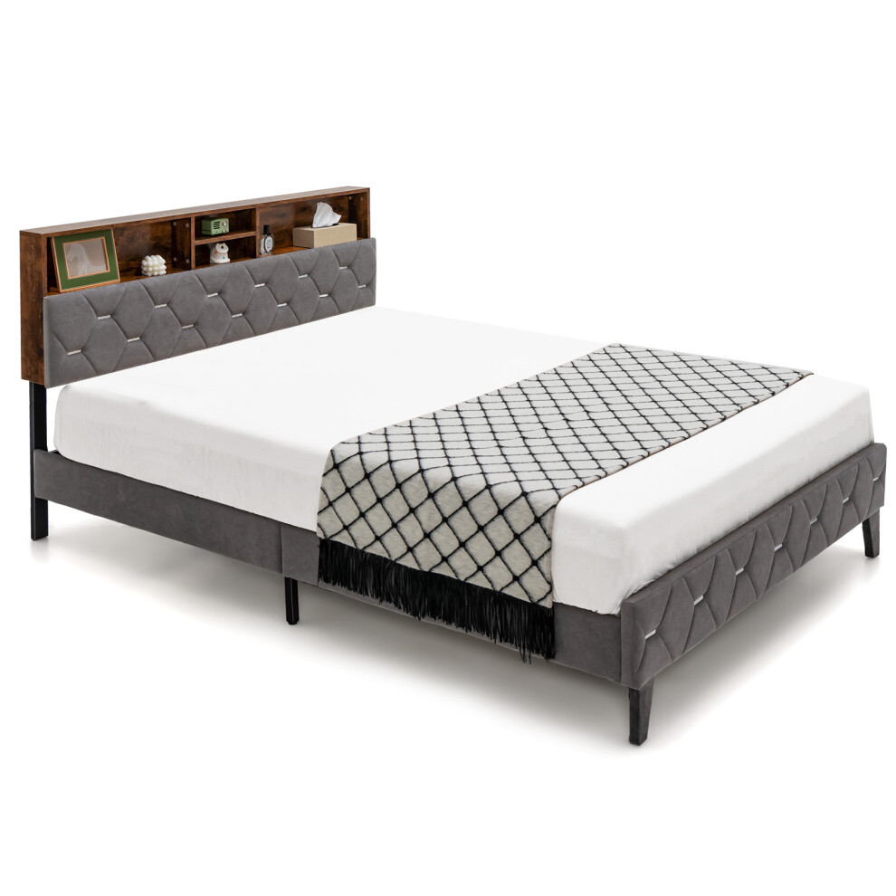 King Platform Bed Frame Upholstered Slat Bed W/ Storage Headboard