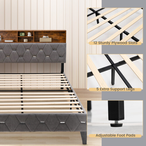 Casart King Platform Bed Frame Upholstered Slat Bed W/ Storage Headboard 2
