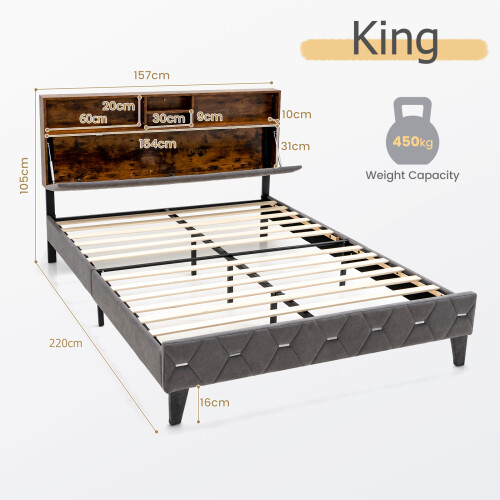 Casart King Platform Bed Frame Upholstered Slat Bed W/ Storage Headboard 1