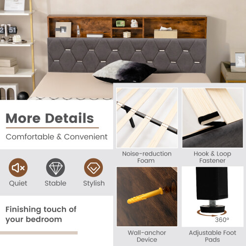 Casart Double Platform Bed Frame Upholstered Slat Bed W/ Storage Headboard 1