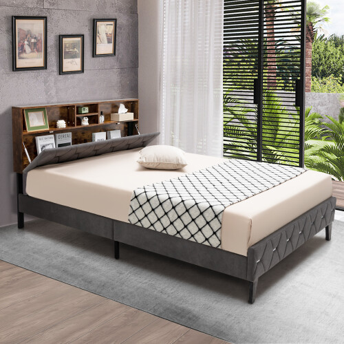 Casart Double Platform Bed Frame Upholstered Slat Bed W/ Storage Headboard 2