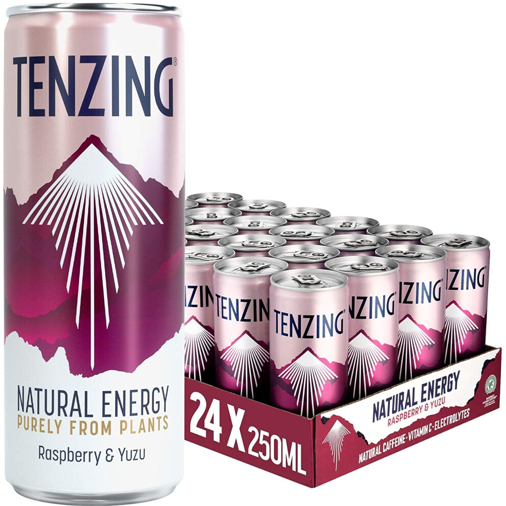 TENZING Natural Energy Drink, Plant Based, Vegan, & Gluten Free Drink, Raspberry & Yuzu, 250ml (Pack of 24)