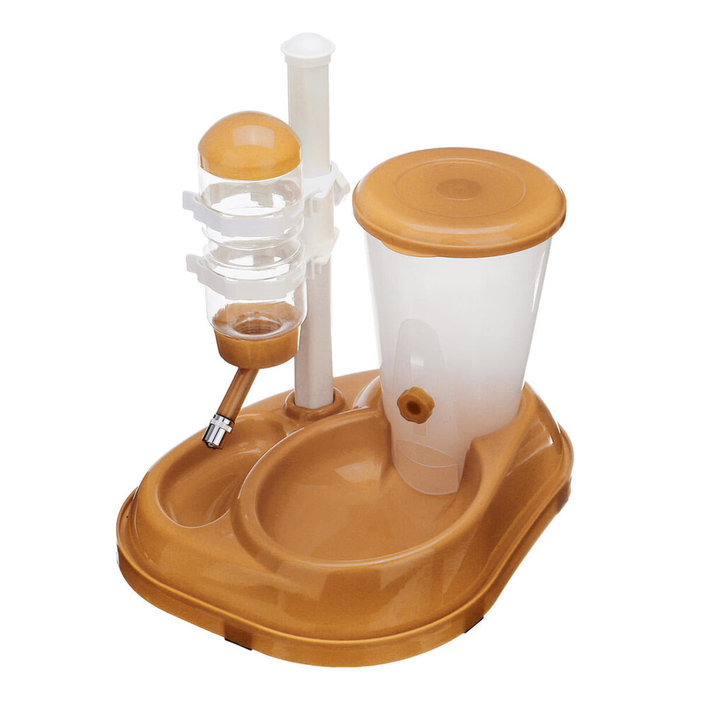 (Brown, with feeder bin) Automatic Pet Water Drinker Cat Dog Bowl Fountain Bottle Food Feeder Dispenser