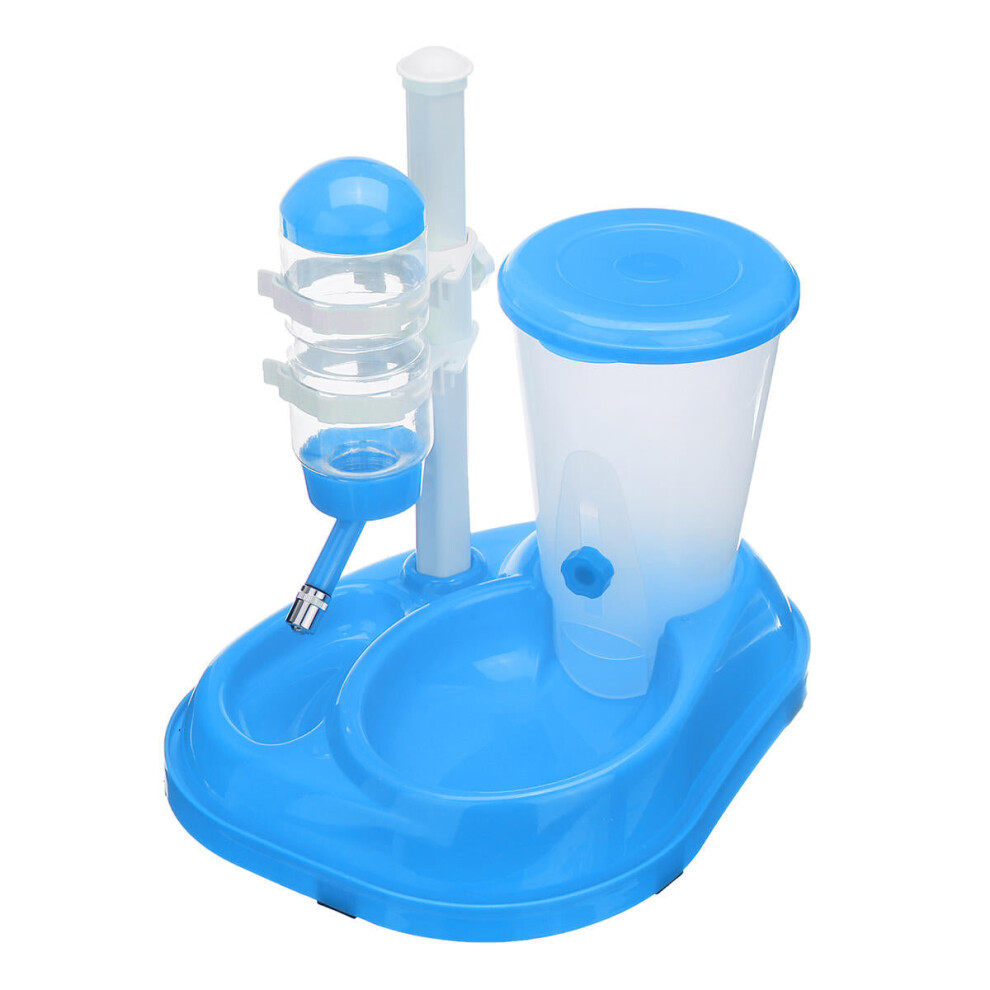 (Blue, with feeder bin) Automatic Pet Water Drinker Cat Dog Bowl Fountain Bottle Food Feeder Dispenser