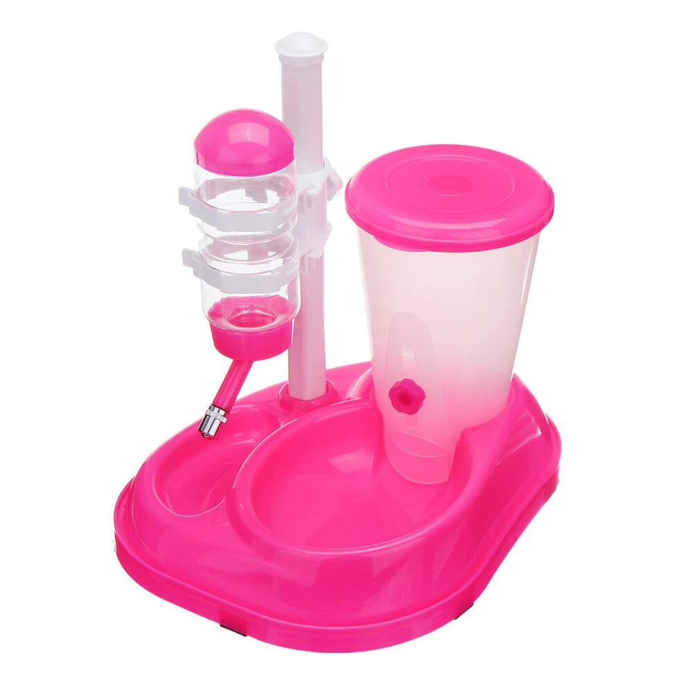 (Pink, with feeder bin) Automatic Pet Water Drinker Cat Dog Bowl Fountain Bottle Food Feeder Dispenser