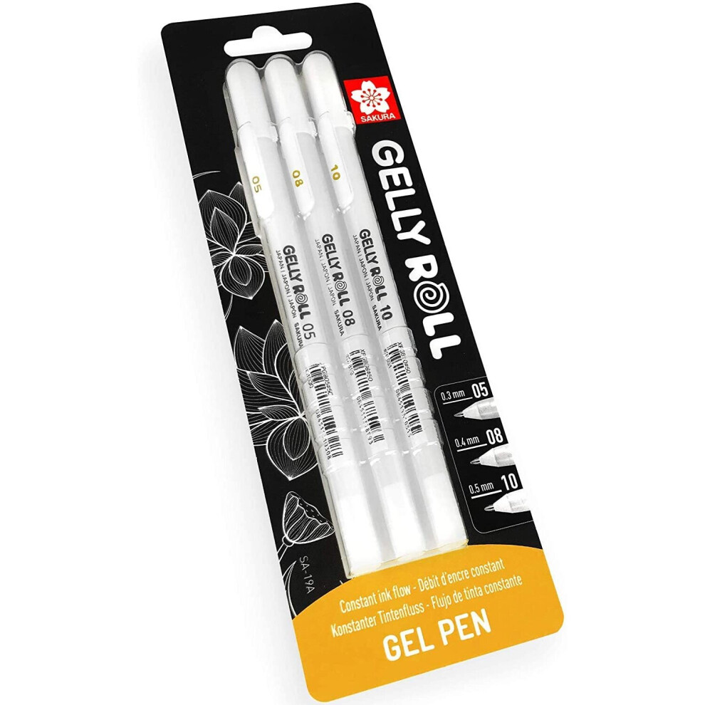 Sakura 05/08/10 Gel Pen - Bright White Ink - Blister Pack of 3