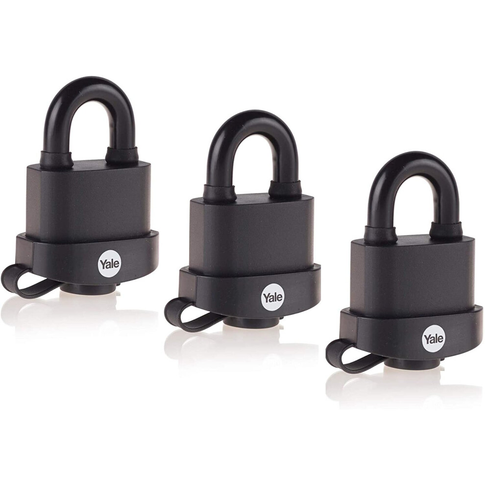 Yale Y220B/51/118/3 - 3 Pack of Black Weatherproof Padlocks with Protective Cover (51 mm) - Outdoor Hardened Steel Shackle Locks for Shed, Gate, Chain