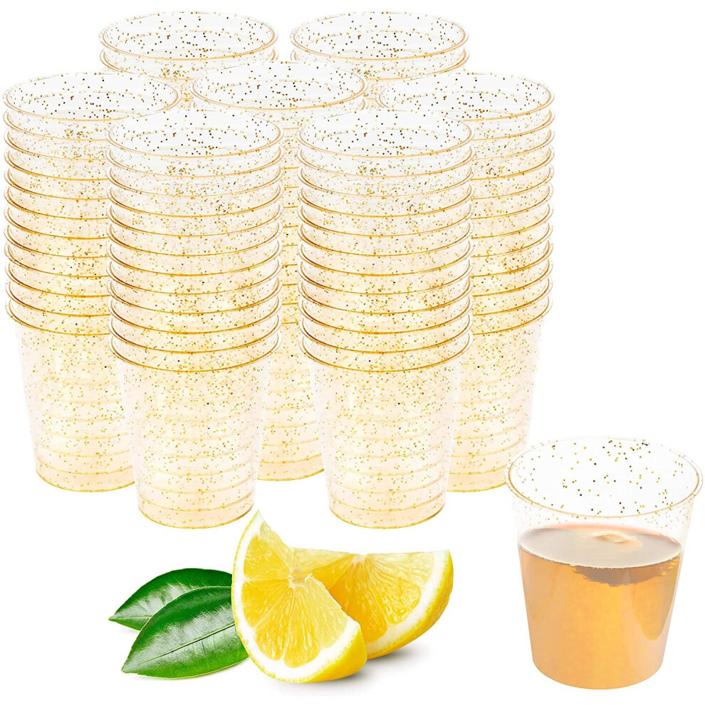 300 Premium Multi-Use Small Plastic Shot Glasses with Gold Glitter - 30ml