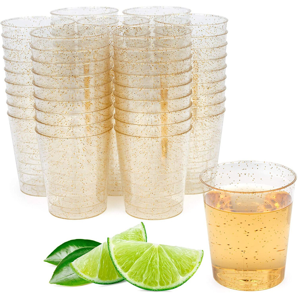 200 Premium Multi-Use Plastic Shot Glasses with Gold Glitter - 60ml