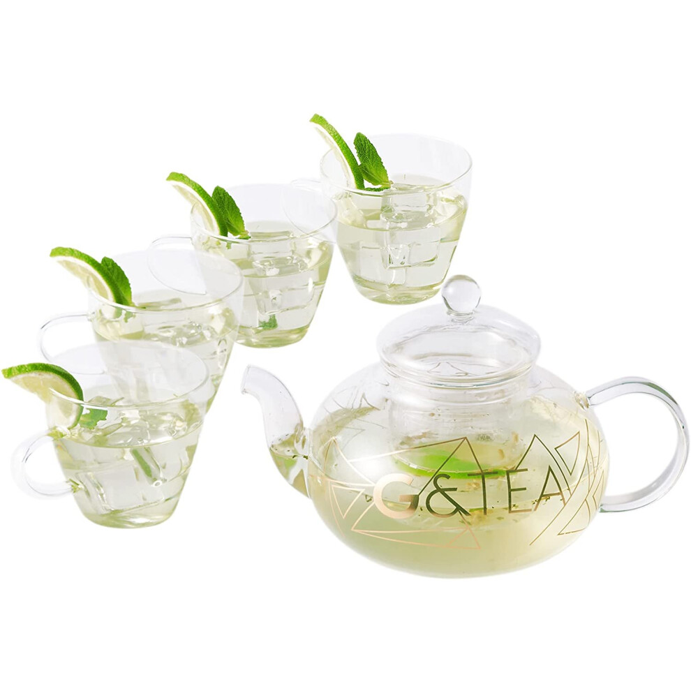 Premium Glass Gin Teapot with Removable Infuser Teacup Set - 4 Cups for Cocktail Party, 800ml