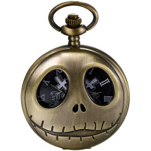 JewelryWe Retro Bronze Tim Burton's Nightmare Before Christmas Engraved Quartz Pocket Watch Necklace Locket Pendant 31" Chain
