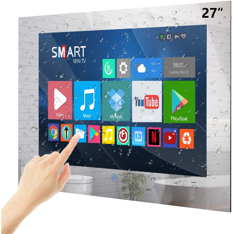 Haocrown 27-inch Touch Screen Smart Bathroom TV With IP66 Waterproof Smart Mirror TV Android 9.0 System Full-HD LED Televions Built-in Satellite Tuner 