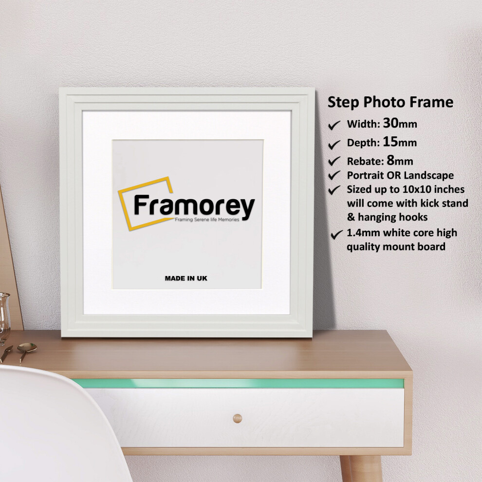(White With White Mount, 6x6" Pic (8x8" Frame)) Square Size White Picture Frame / Step Style Wall Art Frame / Handmade Wooden Effect Photo Frames With Multicolored Mount
