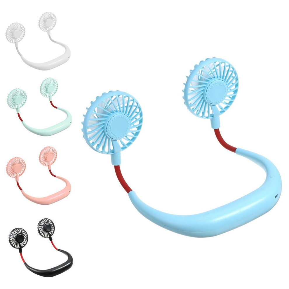 (Blue) DC 5V 1A Neck Hanging Fan Dual Head Cooling Mini Fan USB Rechargeable Camping Travel