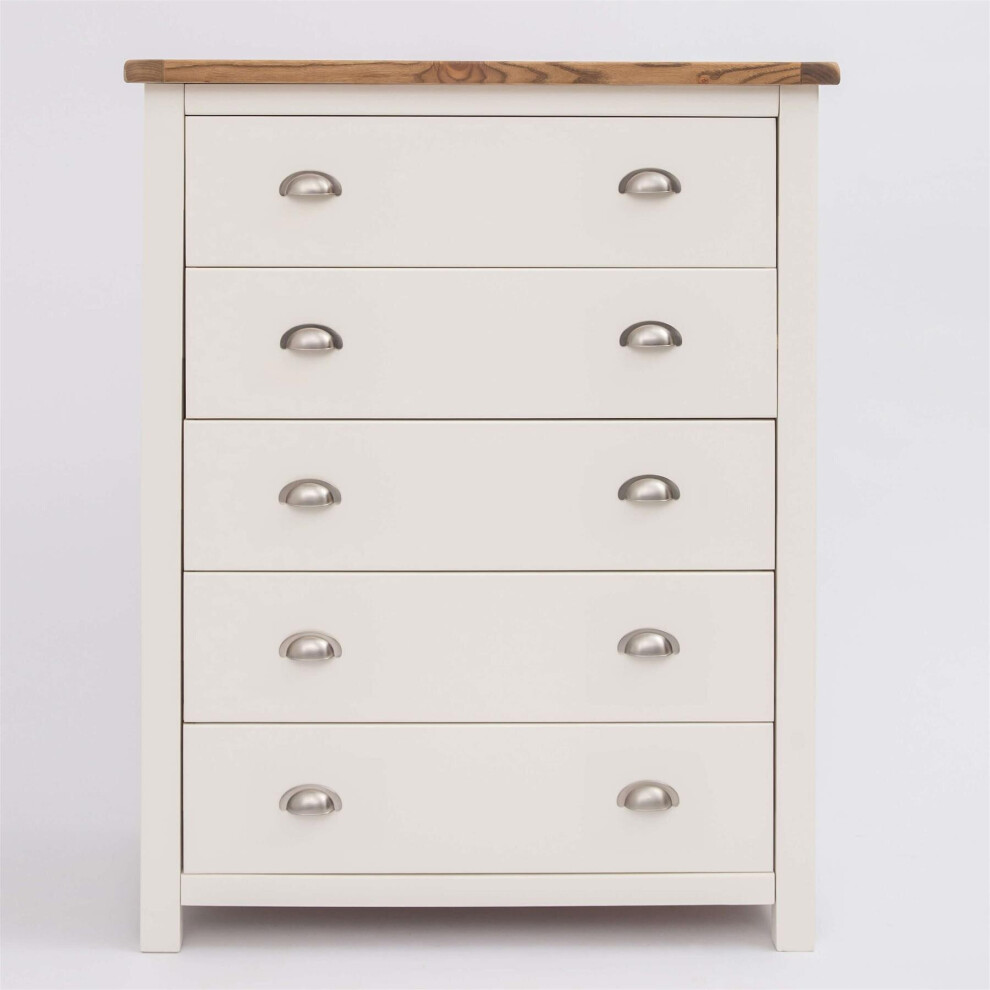 Chest of 5 Drawers Off White Painted Wooden Bedroom Organsiser Metal Handles