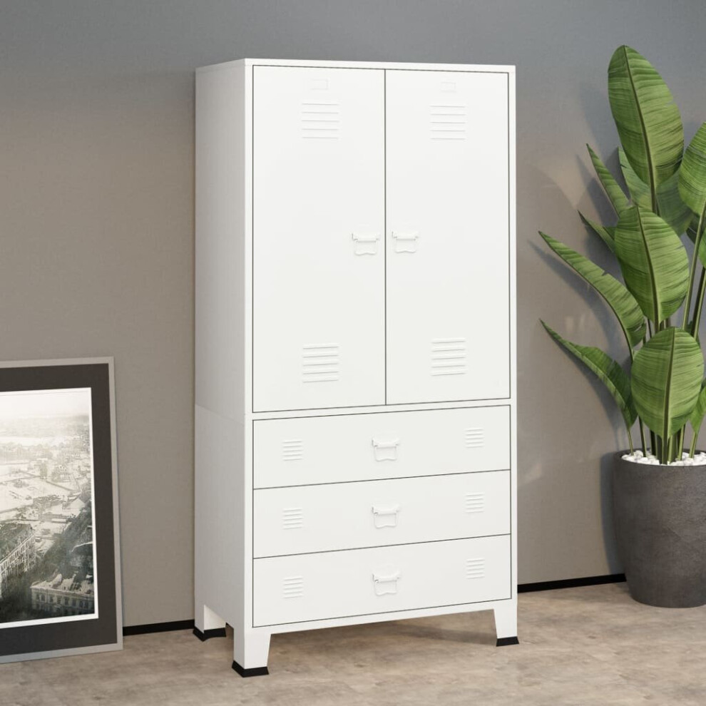 vidaXL Industrial Wardrobe White Metal Hanger Storage Cabinet Clothes Closet