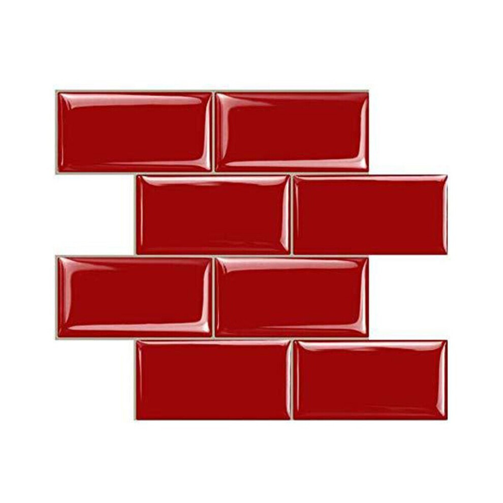 (Red) 12inch DIY Tile Stickers 3D Brick Wall Self-adhesive Sticker Bathroom Kitchen