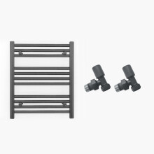 (600 x 600mm (BTU: 1097), With Angled Valves) 600mm Wide Anthracite Towel Rail Radiator + Valves