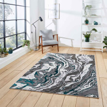 (Grey / Green, 160 x 220 cm) Modern Oil Spill Look Grey Abstract Distressed Faded Living Room Bedroom Rugs UK