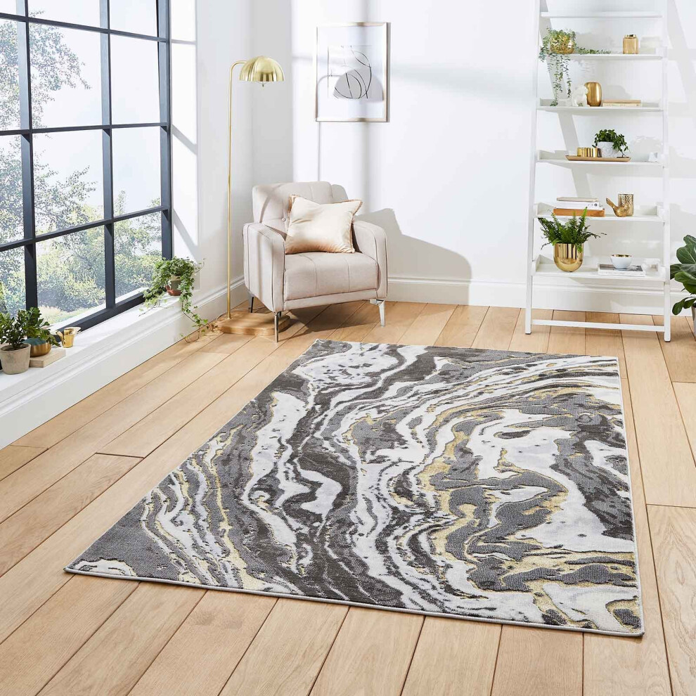 Think Rugs (Grey / Gold, 160 X 220 Cm) Modern Oil Spill Look Grey Abstract Distressed Faded Living Room Bedroom Rugs Uk