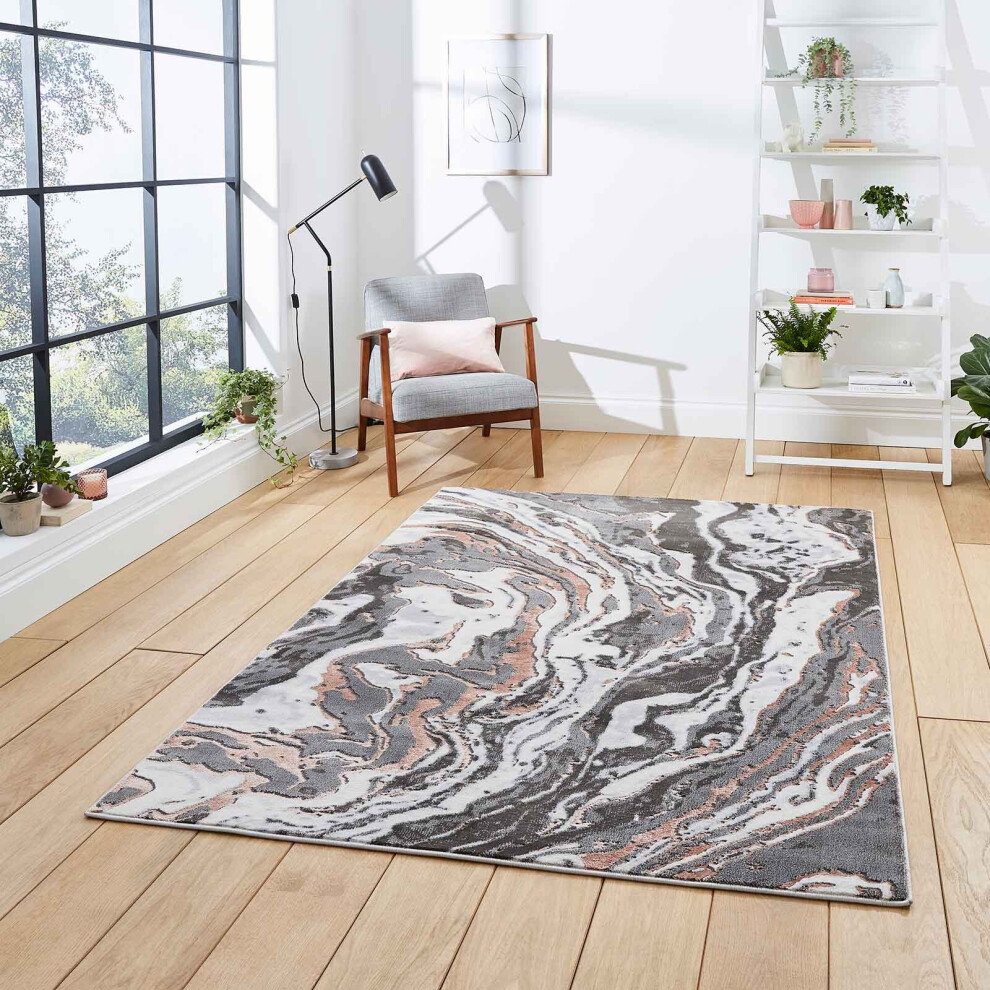 Think Rugs (Grey / Rose Gold, 120 X 170 Cm) Modern Oil Spill Look Grey Abstract Distressed Faded Living Room Bedroom Rugs Uk