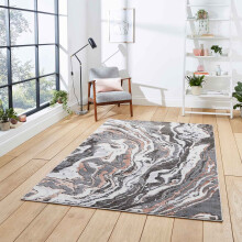 (Grey / Rose Gold, 160 x 220 cm) Modern Oil Spill Look Grey Abstract Distressed Faded Living Room Bedroom Rugs UK