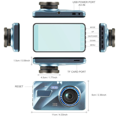 4" Car Camera Recorder Dual Front and Rear 1080P Dash Cam Night Vision 2