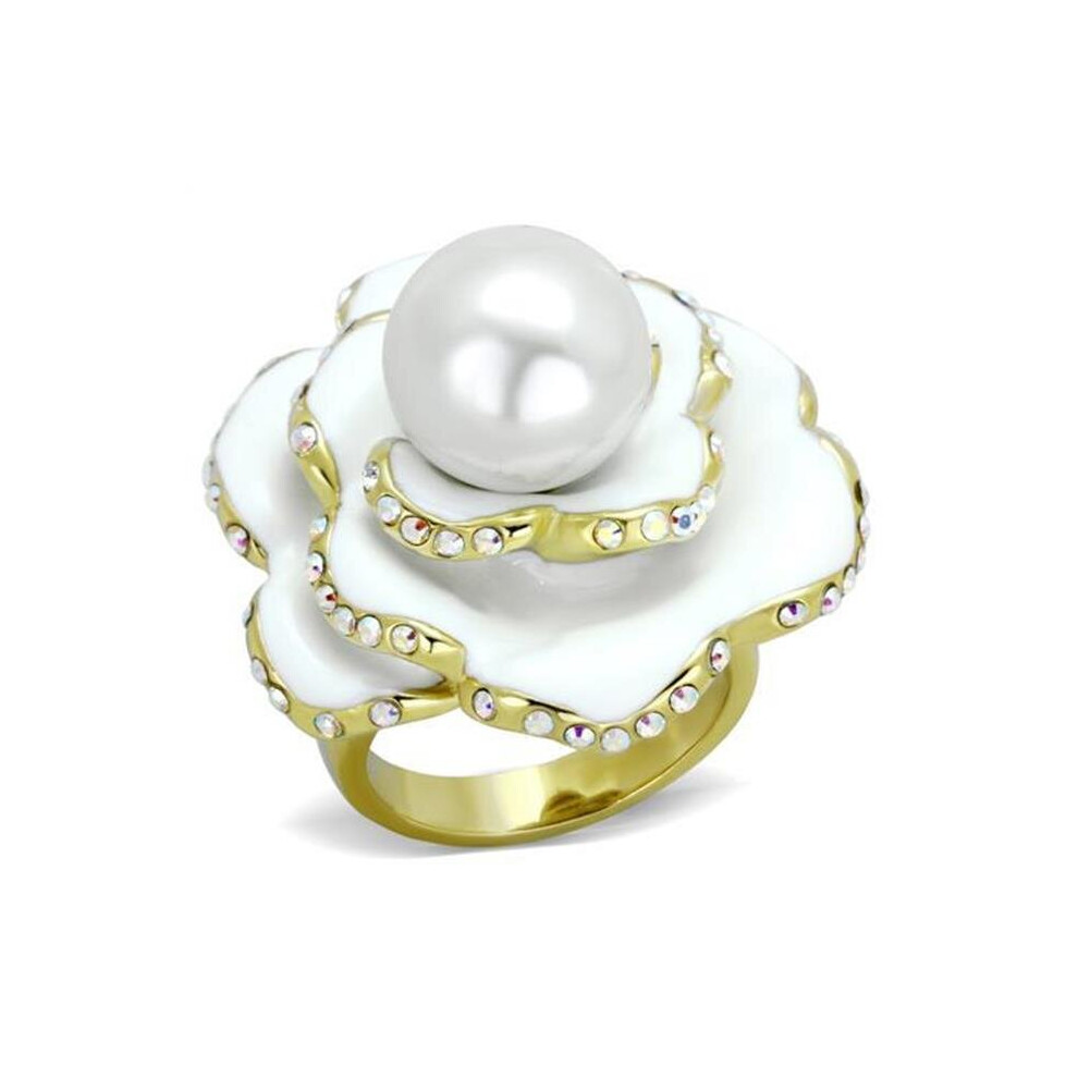 Photos - Ring Alamode TK1847-9 Women IP Gold Stainless Steel  with Synthetic in White - Size 9