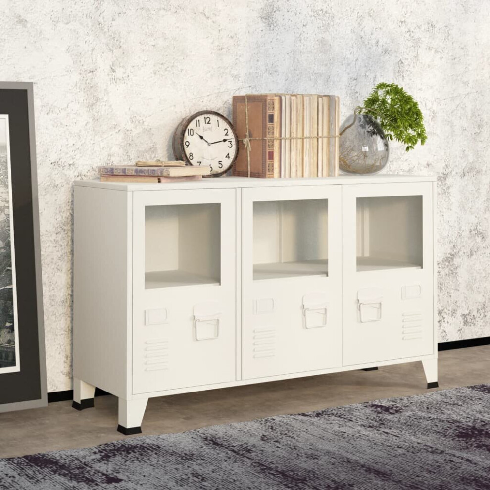 vidaXL Industrial Sideboard White Metal and Glass Living Room Storage Cabinet