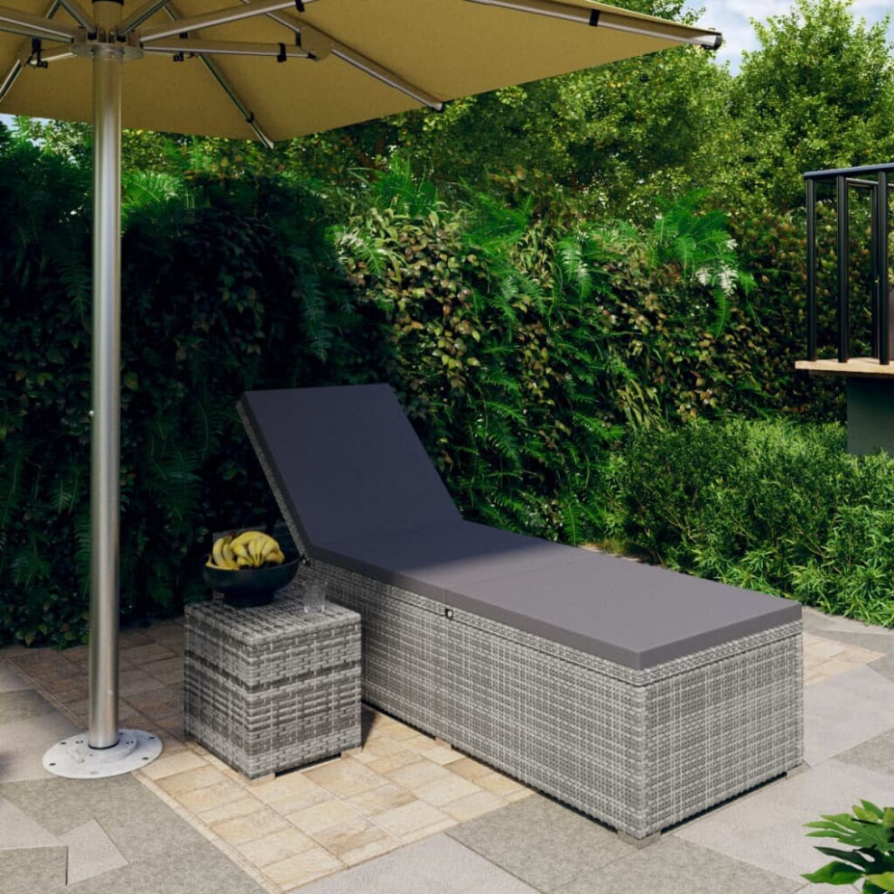 vidaXL Sun Lounger with Cushion and Tea Table Poly Rattan Grey Lounge Bed