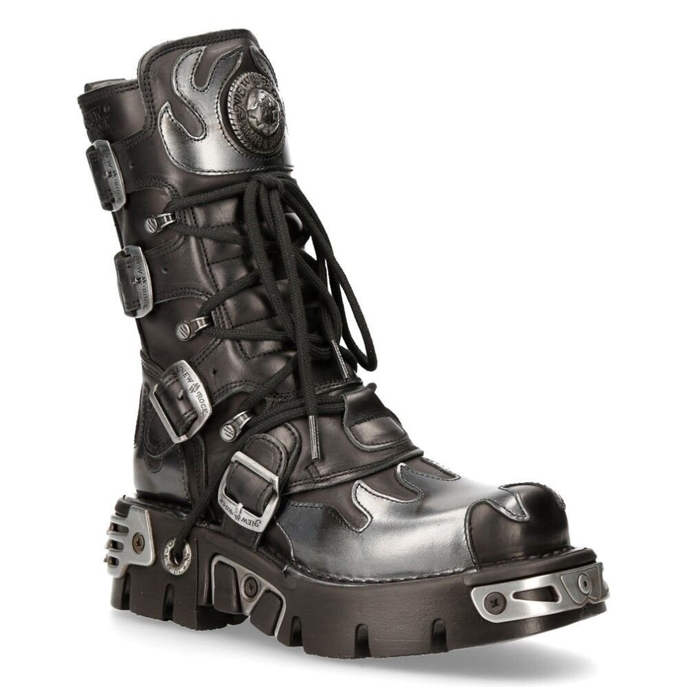 (37) New Rock 591-S2 Black/Silver Gothic Leather Boots