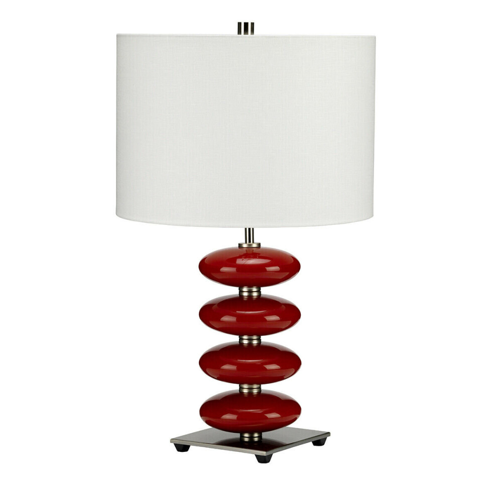 Table Lamp Red Glaze Orbs Polished Nickel White Faux Linen Shade LED E27 60W