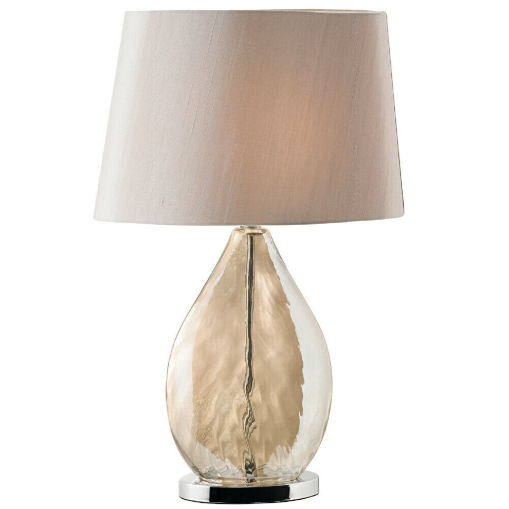 Table Lamp & Shade Gold Tinted Glass & Mink Fabric Modern Pretty Bedside Light