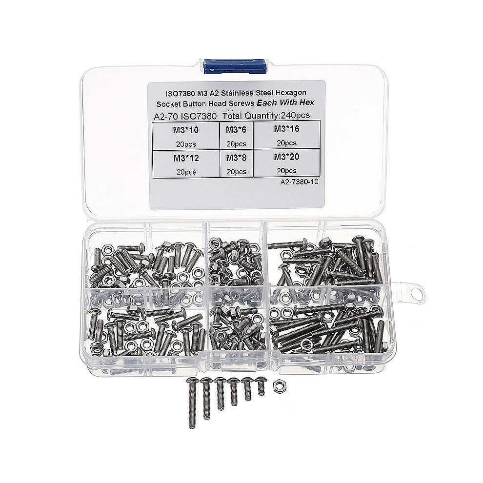 M3SH2 M3 Stainless Steel Hex Socket Button Head Cap Screw Bolts Nuts Assortment 240pcs