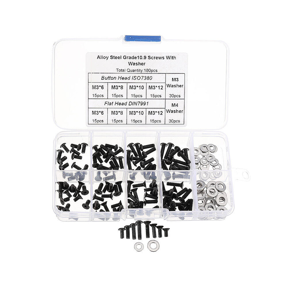 M3CH8 M3 Carbon Steel Hex Socket Flat Head Button Head Screws Flat Washers Assortment 180pcs