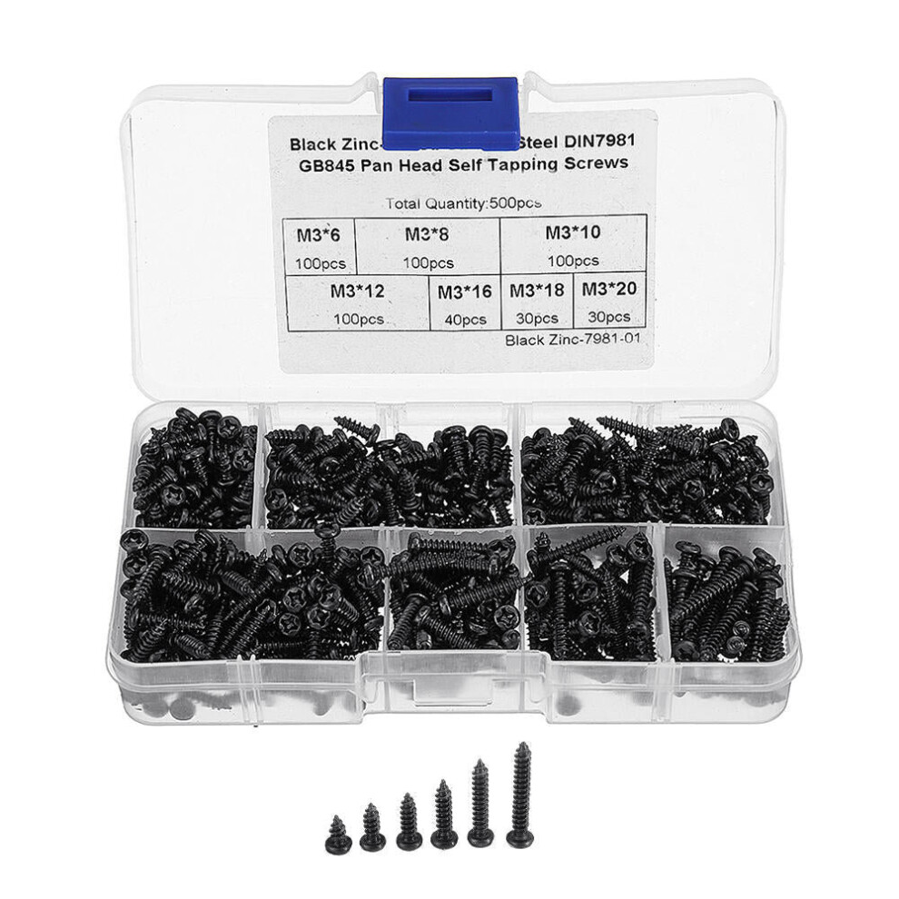 M3cp1 500Pcs M3 Phillips Screw Black Zinc-Plated Carbon Steel Pan Head Self Tapping Woodworking Screws Assortment Kit 3654659286871