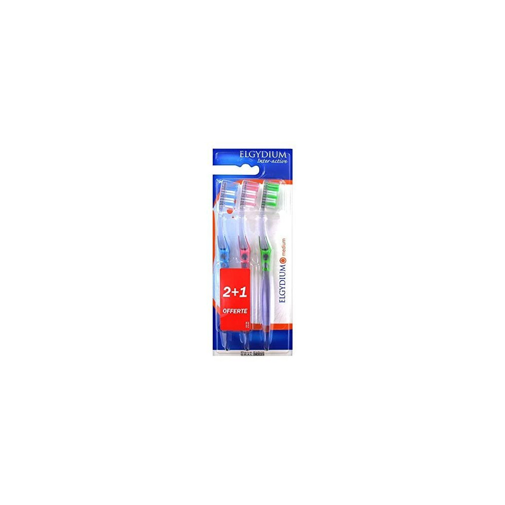 Elgydium Inter-Active Medium Toothbrush 2 Toothbrushes + 1 Free