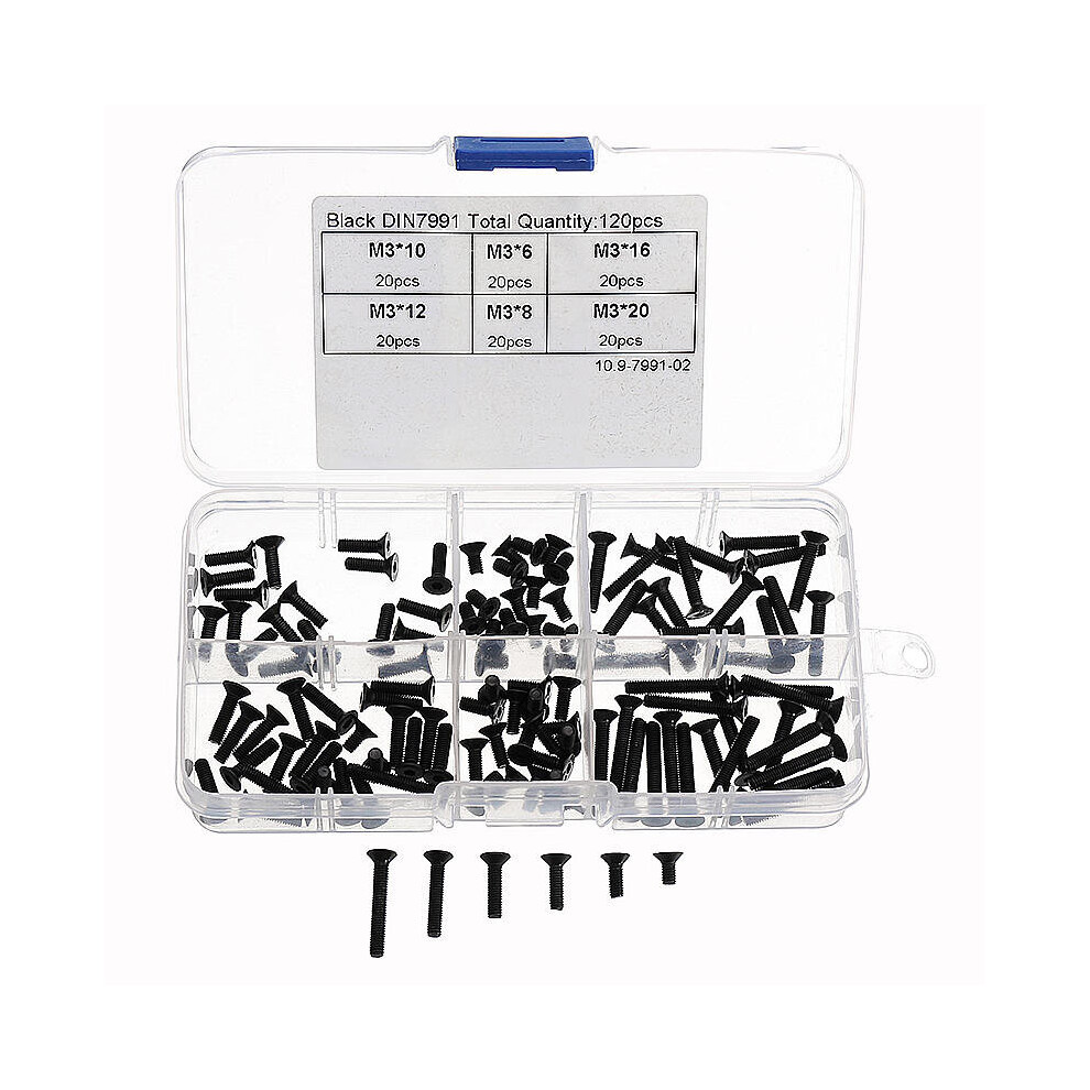 M3CH7 M3 Carbon Steel Hex Socket Flat Head Cap Screws Countersunk Bolts Assortment 120pcs