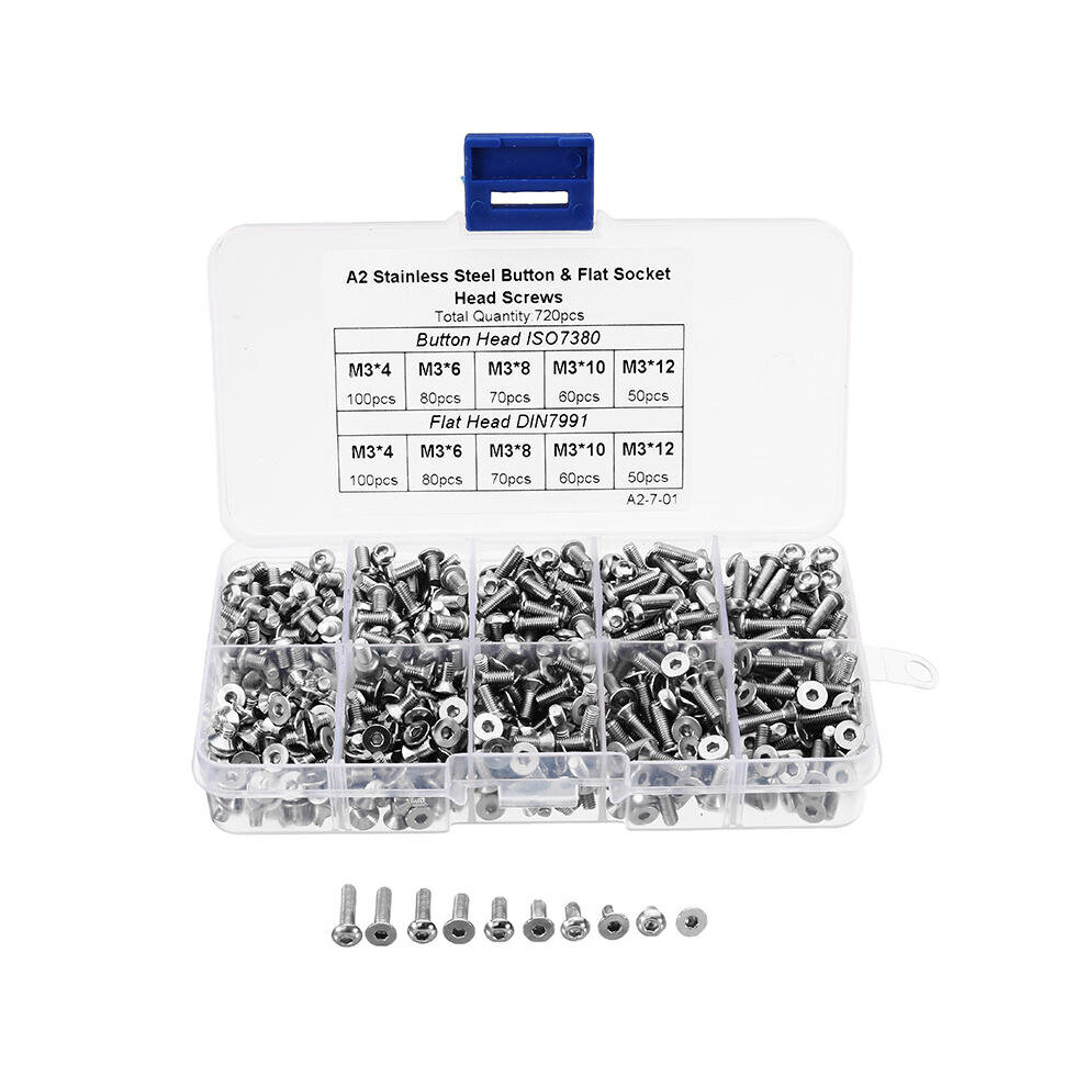 M3SH8 M3 Stainless Steel Hex Socket Button & Flat Head Screw Bolt Assortment Kit 720Pcs