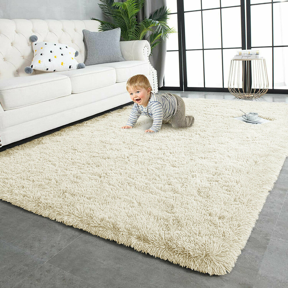 (Cream, 50 x 80 Cm) Large Shaggy Fluffy Rugs Anti Slip Soft Carpet for Luxury Floor Area Bedroom Living Dining Room