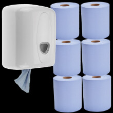 Blue Centerfeed Dispenser with 6 Rolls of 50M Center Feed