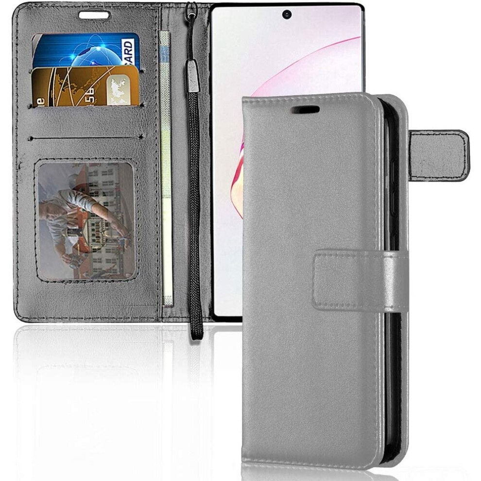 TECHGEAR Galaxy Note 10 Leather Wallet Case, Flip Protective Case Cover with Card Slots, Kickstand and Wrist Strap - Slate PU...